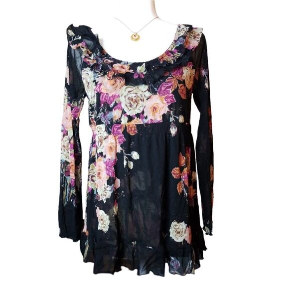 INC International Concepts Pullover Empire Waist Floral Ruffled Neck Hem Medium - Picture 1 of 6